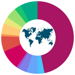 Donut chart divided into segments corresponding to the ethnicity demographic statistics. In the centre of the chart is the silhouette of a world map. 