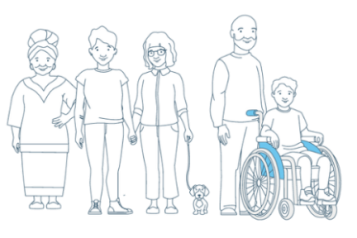 Line drawing of a group of people of different ages and backgrounds.