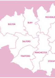 A pink and white map of Greater Manchester with the names of the boroughs filled in